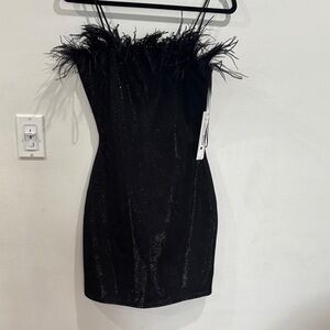 Aqua Black Mini Dress with Feather Detail